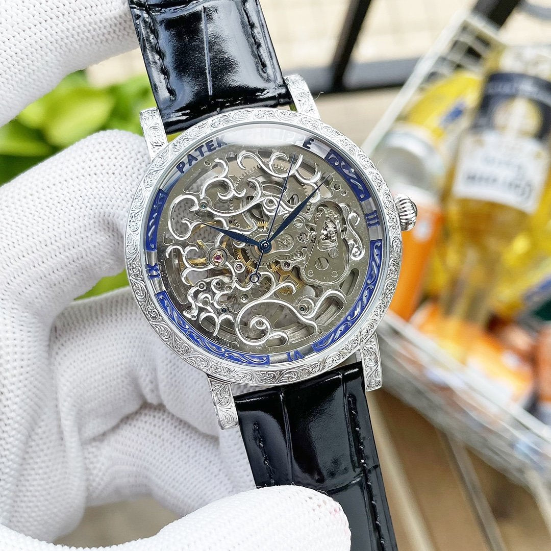 CALATRAVA SKELETON ENGRAVED HAND LEATHER STRAP