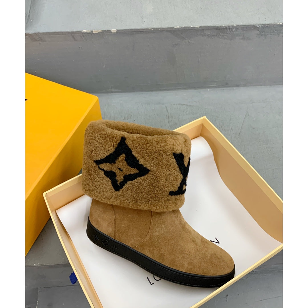 LV Snowdrop Flat Ankle Boot Brown Monogram Black Suede