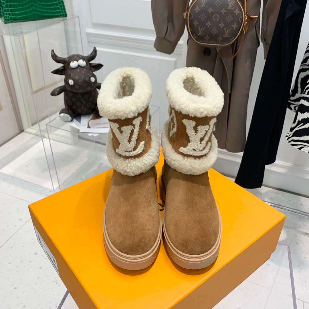 LV Snowdrop Flat Ankle Boot Brown Monogram White Suede