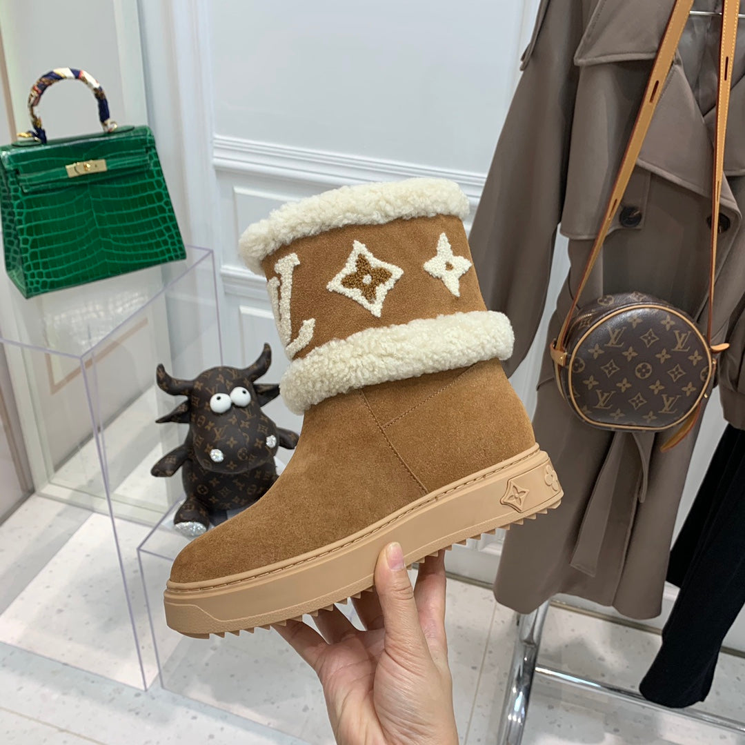 LV Snowdrop Flat Ankle Boot Brown Monogram White Suede