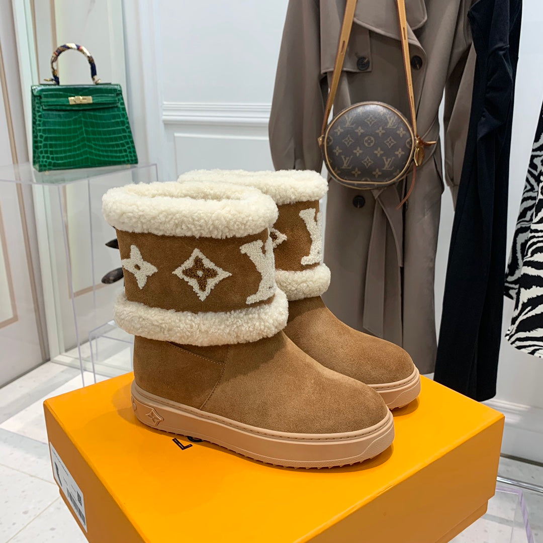 LV Snowdrop Flat Ankle Boot Brown Monogram White Suede