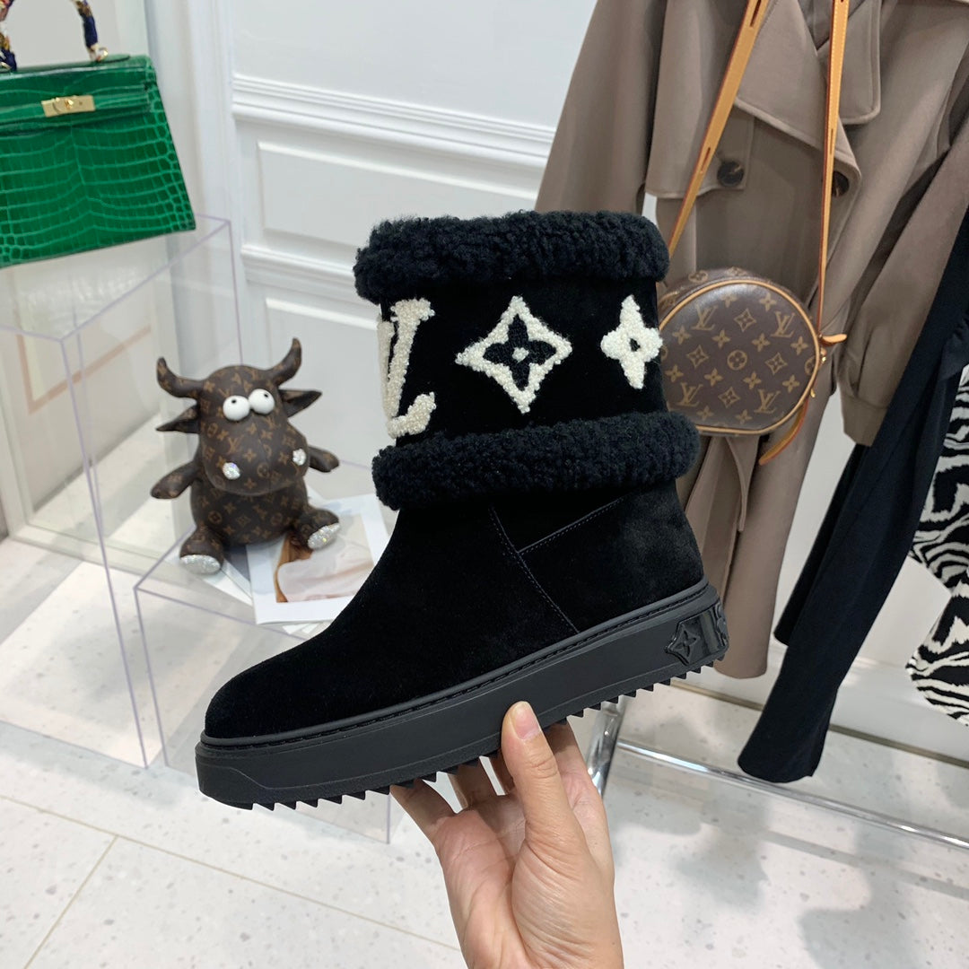 LV Snowdrop Flat Ankle Boot Black Monogram White Suede