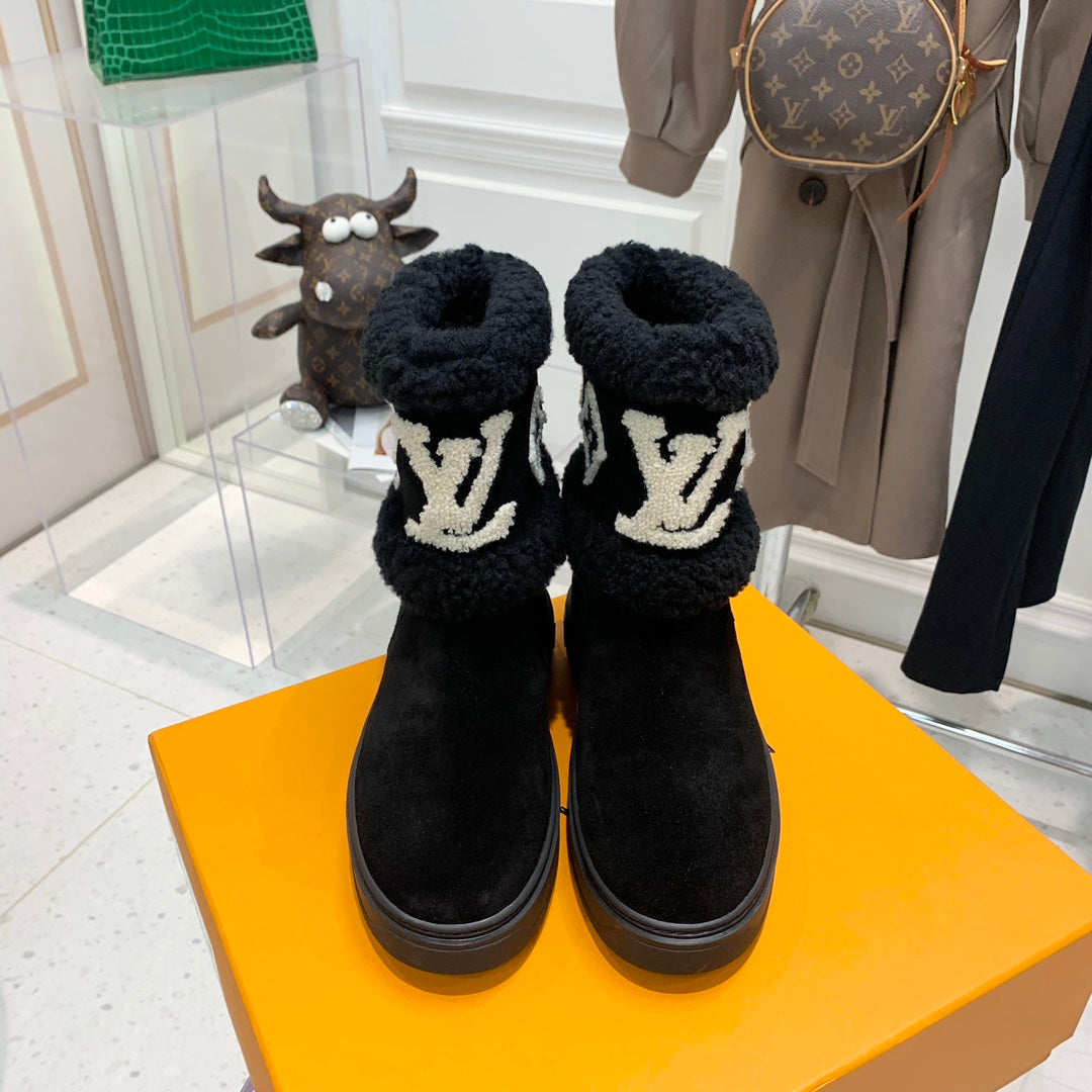 LV Snowdrop Flat Ankle Boot Black Monogram White Suede