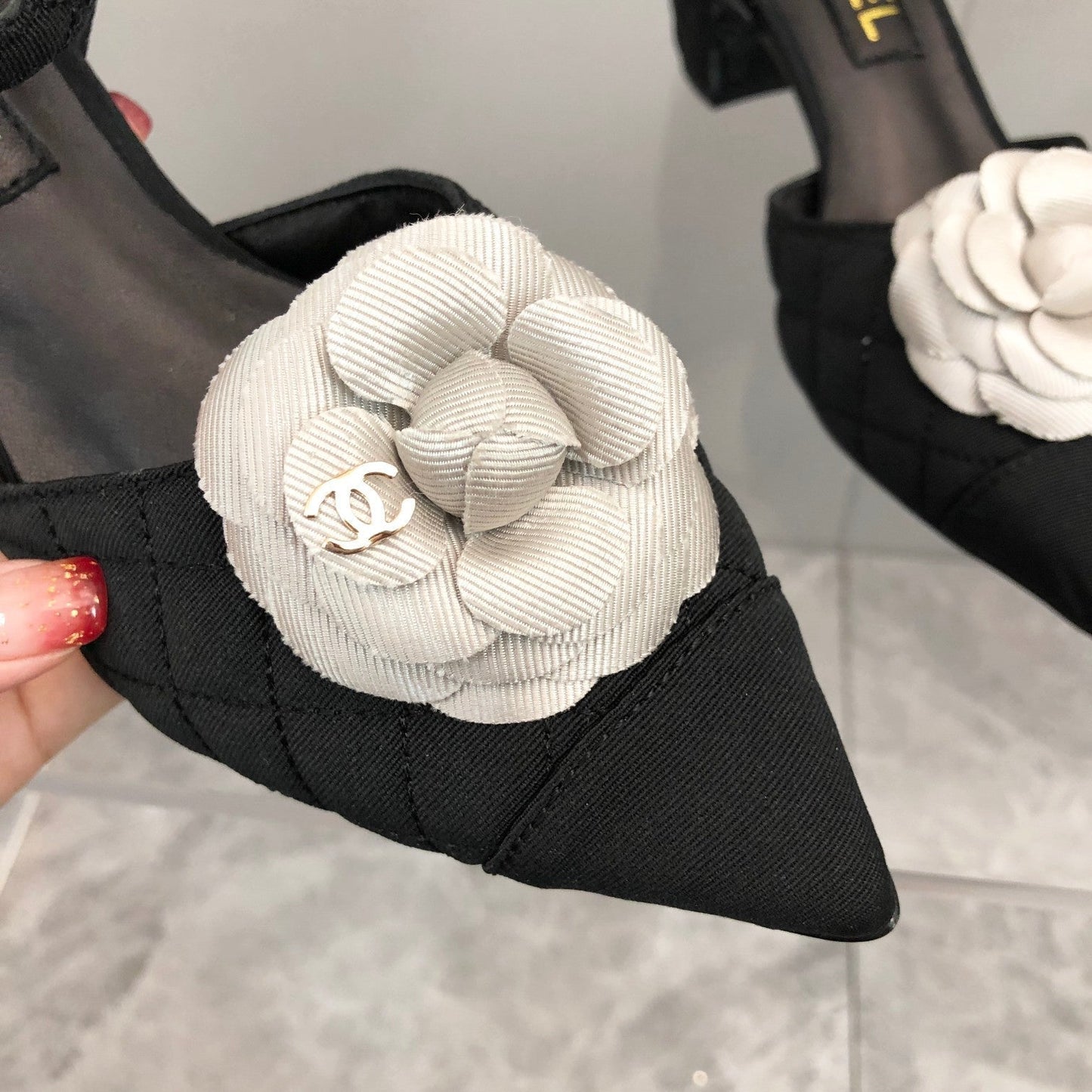 CC 25C 5CM Slingback Flats Black White Fabric 213240