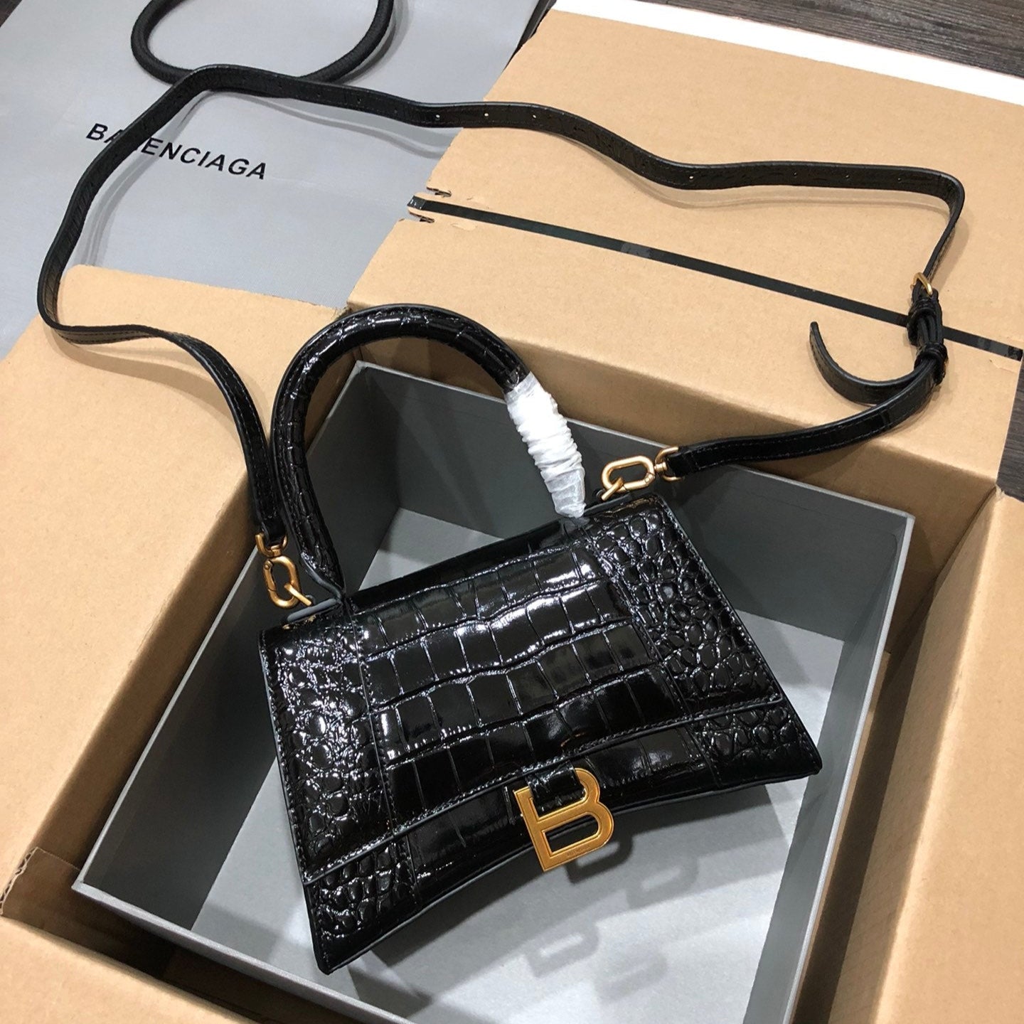 Balenciaga Hourglass bag black crocodile skin 536051