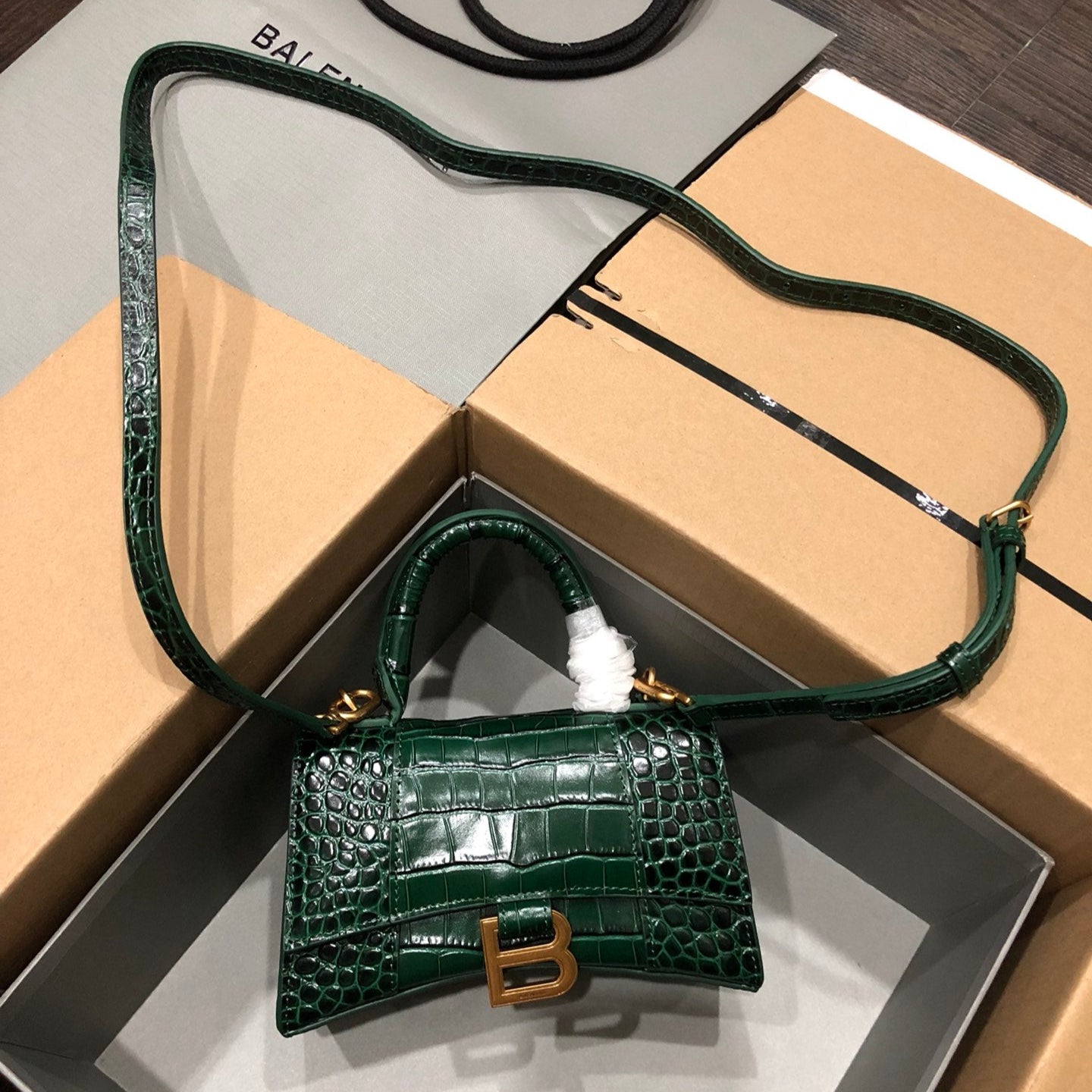 Balenciaga Hourglass bag dark green crocodile skin