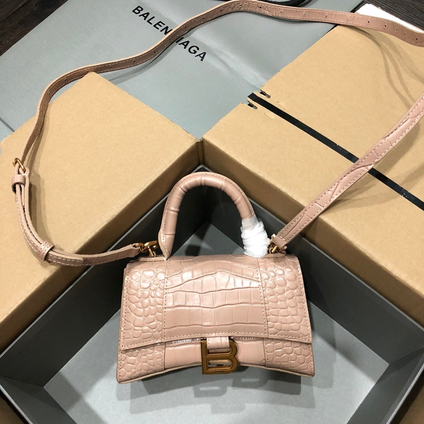 Balenciaga Hourglass bag nude crocodile skin
