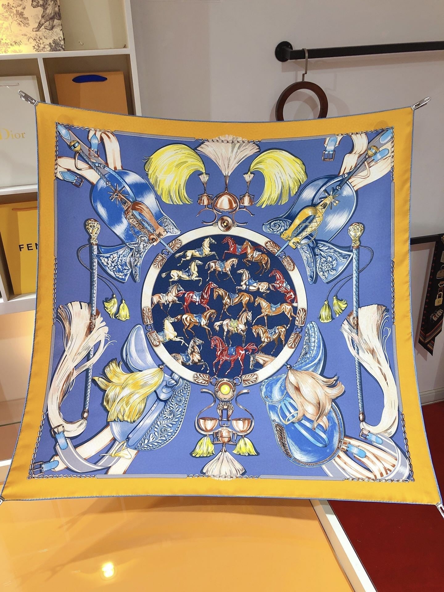 Cavalcades Scarf 90 CM In Blue Yellow Colorful Silk Twill 288859