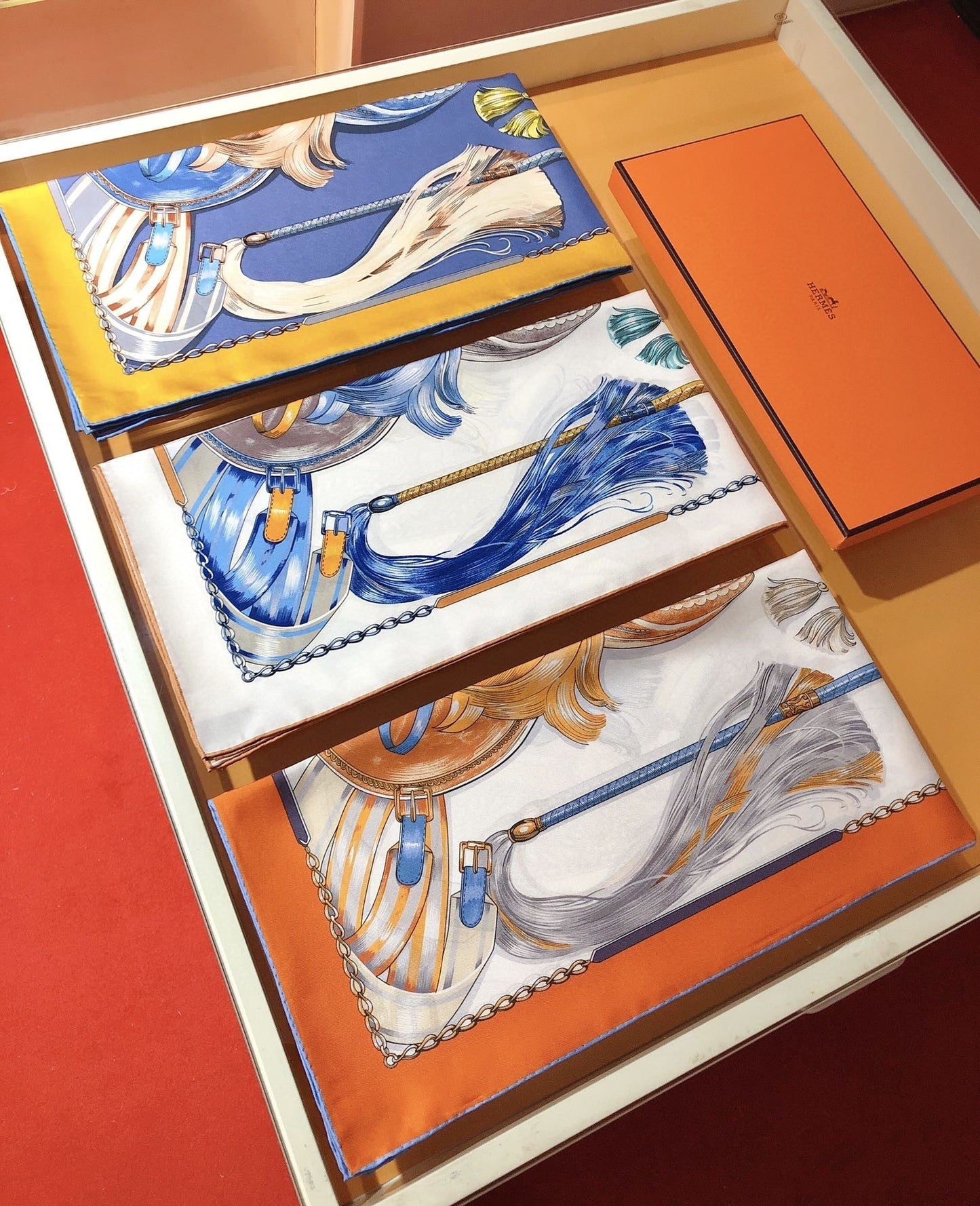 Cavalcades Scarf 90 CM In White Orange Colorful Silk Twill 288858