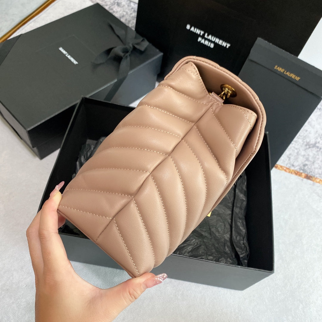 LOULOU MEDIUM 32 DARK BEIGE QUILTED LEATHER GOLD HARDWARE