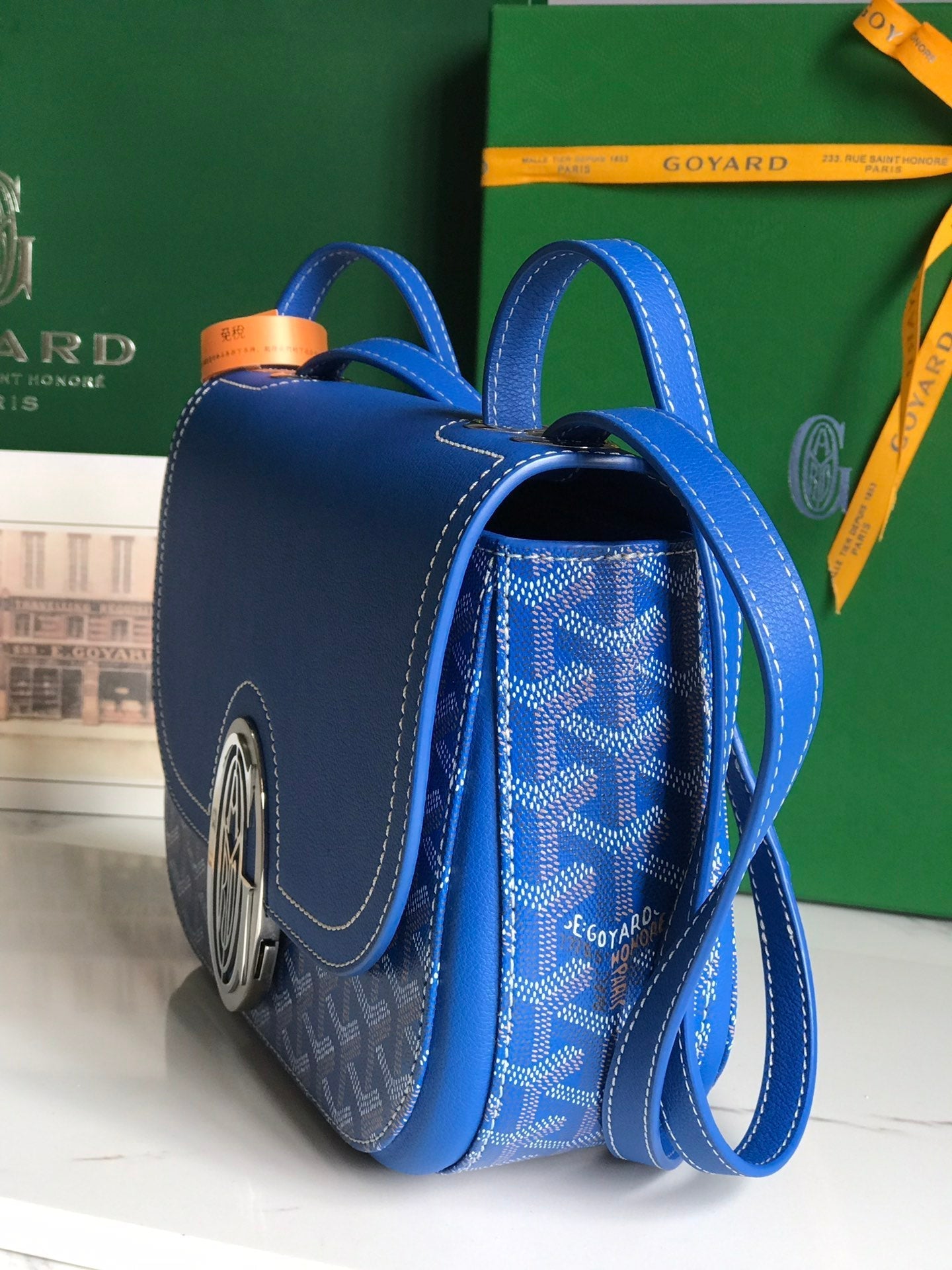 233 BAG 25 IN SAPPHIRE BLUE CALFSKIN AND GOYARDINE CANVAS