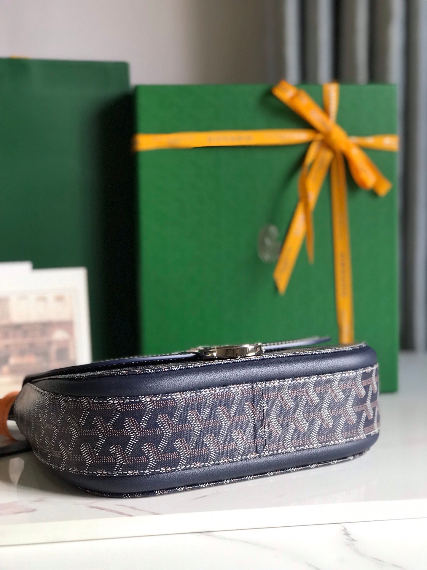 233 BAG 25 IN NAVY BLUE CALFSKIN AND GOYARDINE CANVAS
