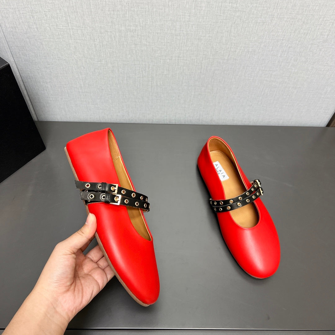 ALAIA MARY JANE SHOES IN CHERRY RED LAMBSKIN SILVER HARDWARE