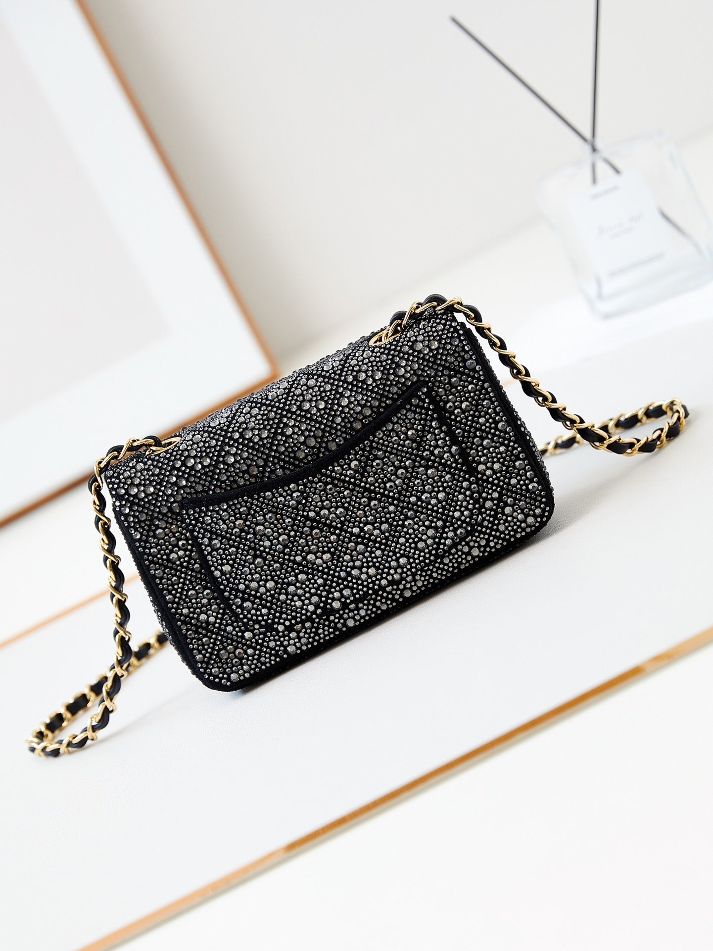 24b mini flap bag 20cm black lambskin silver diamond
