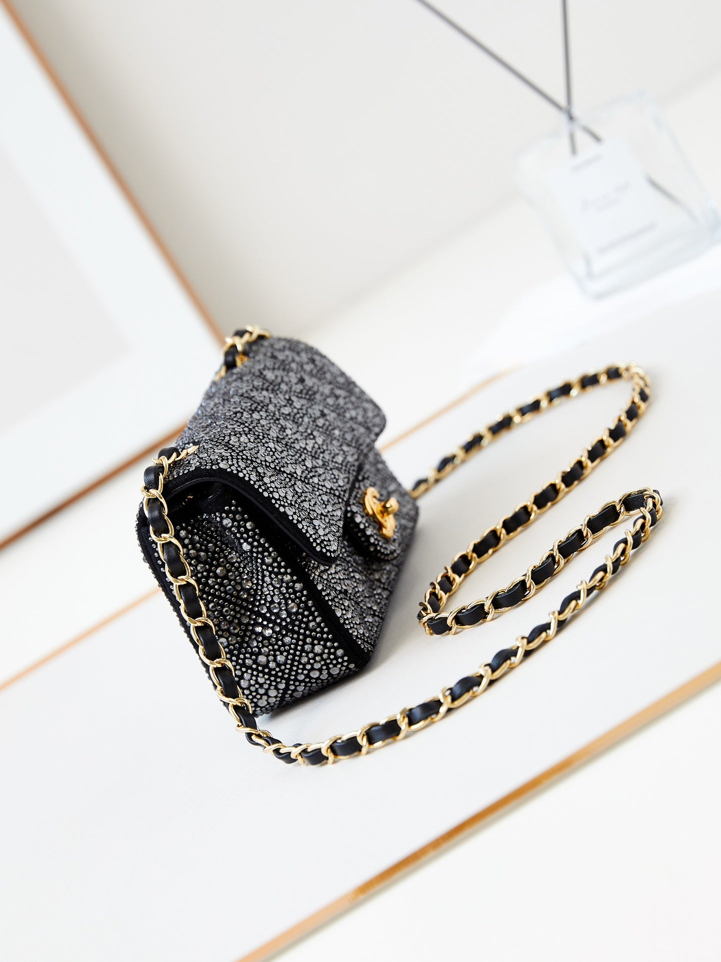 24b mini flap bag 20cm black lambskin silver diamond