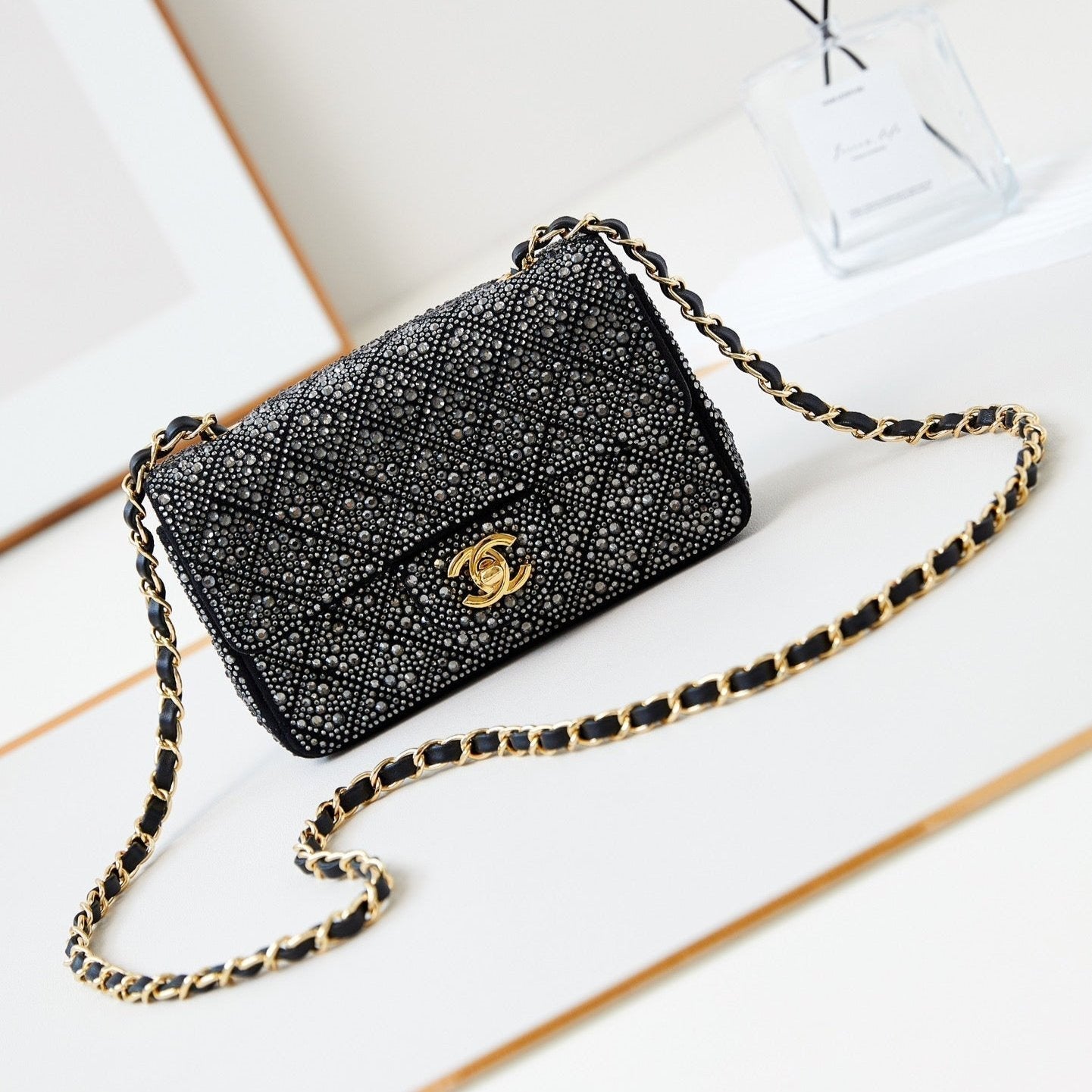 24b mini flap bag 20cm black lambskin silver diamond