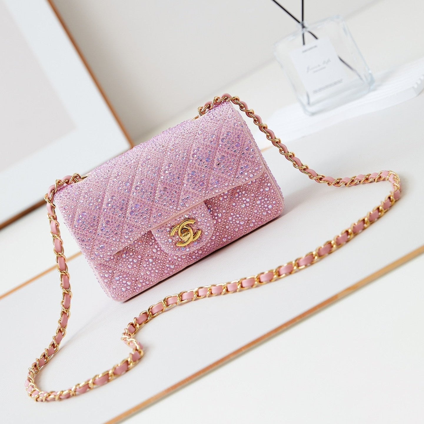 24b mini flap bag 20cm pink lambskin silver purple diamond