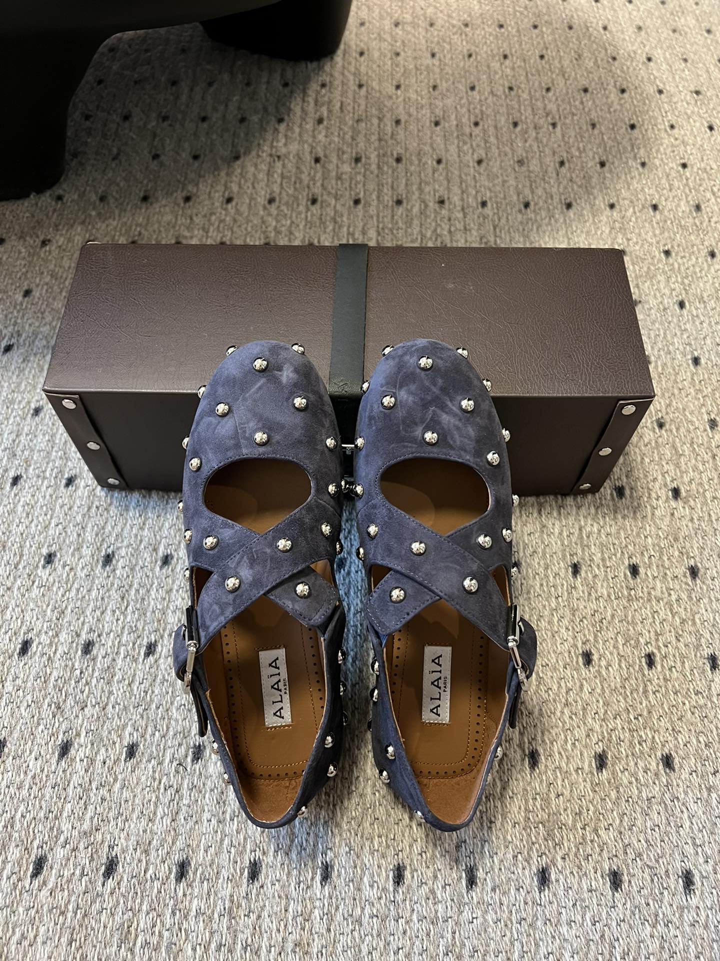 Alaia 25 Criss Cross With Stud Ballet Flats Azure Blue Suede Sheepskin 303691