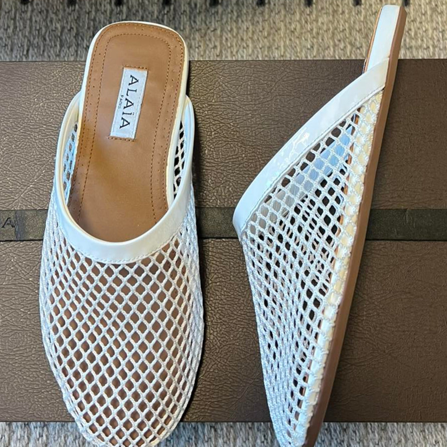 Alaia 25 Fishnet Flat Mules White Lampskin 303681