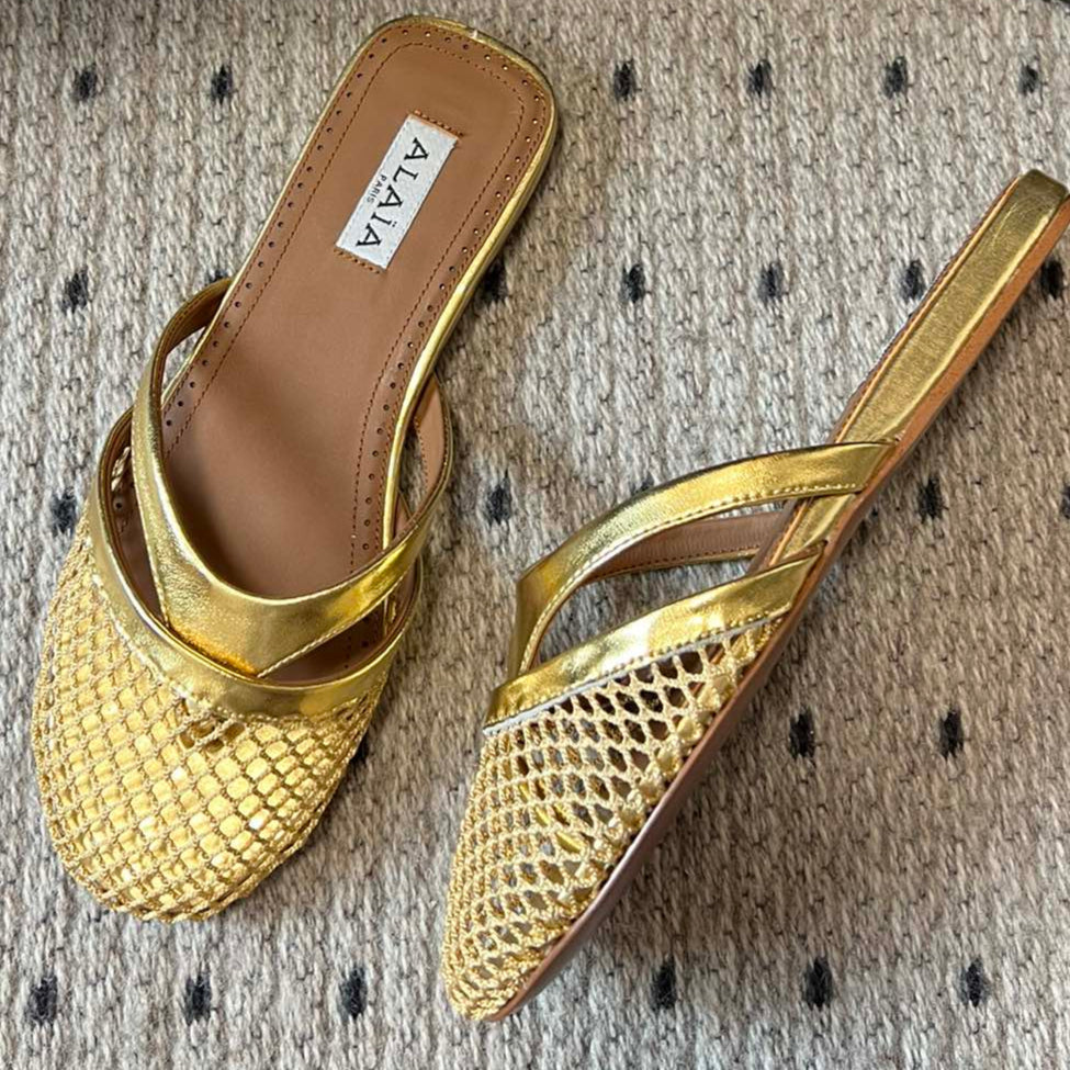 Alaia 25 Infradito Fishnet Flat Mules Gold Lampskin 303709
