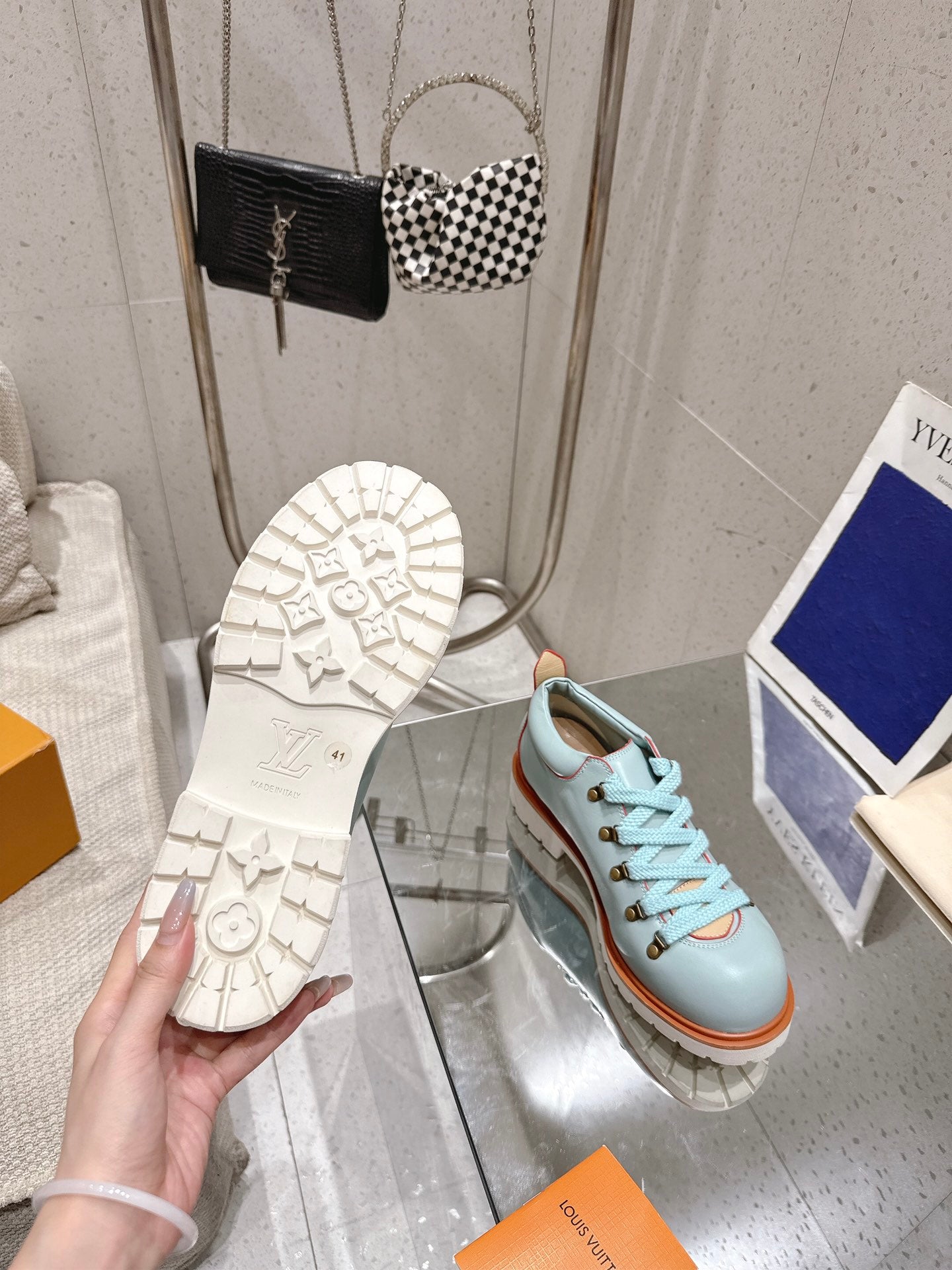 LV Pharrell and Nigo Hiking Shoes Light Blue Orange Sheepskin 383740