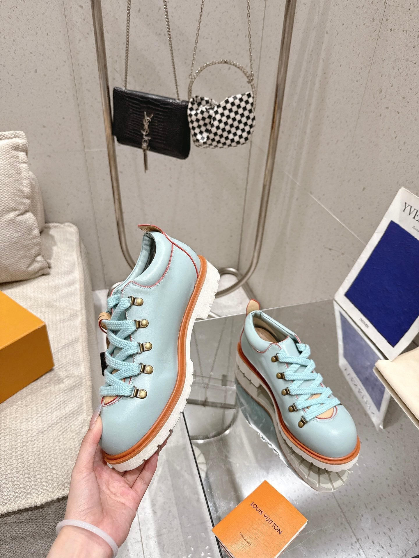 LV Pharrell and Nigo Hiking Shoes Light Blue Orange Sheepskin 383740