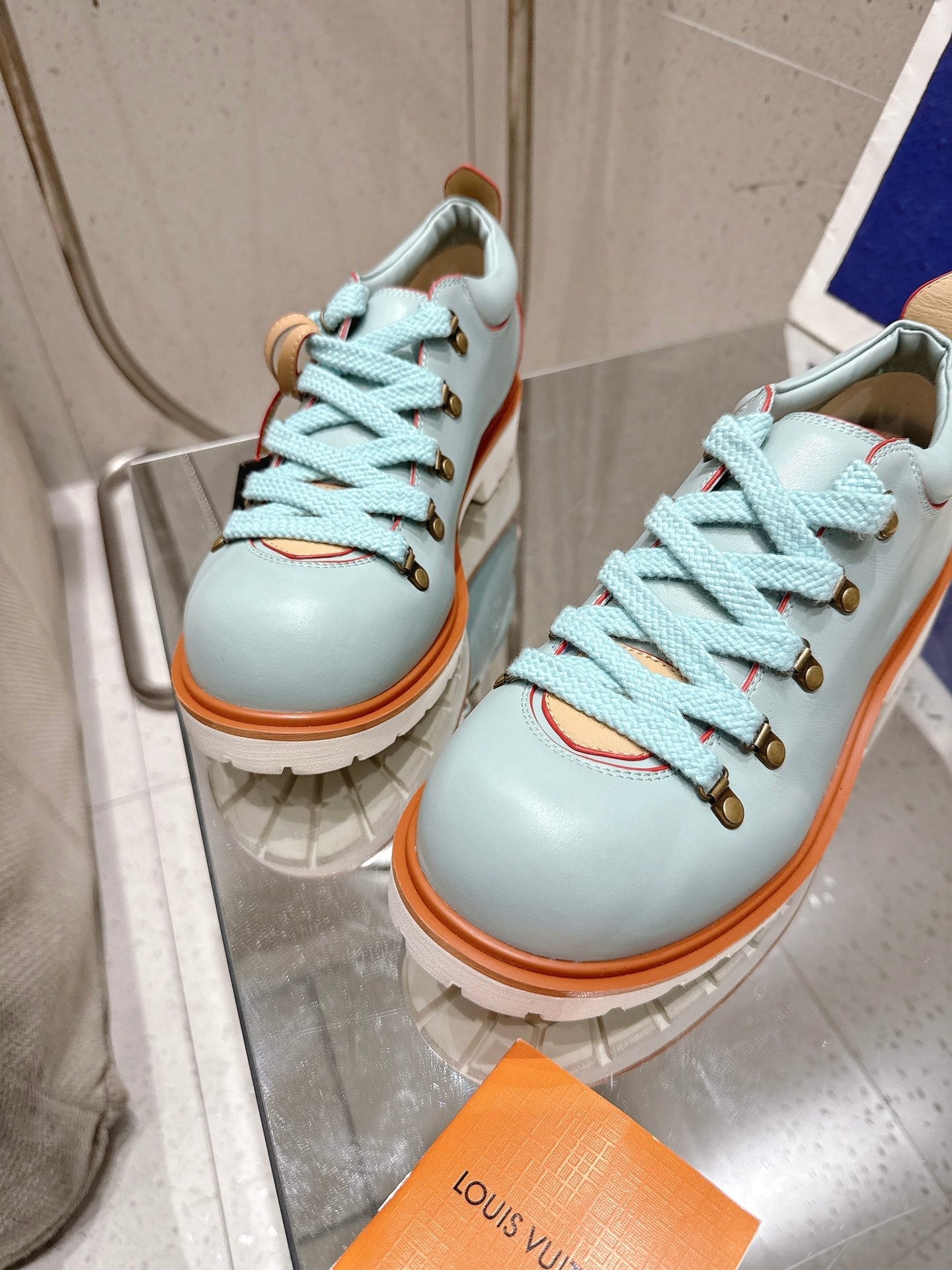 LV Pharrell and Nigo Hiking Shoes Light Blue Orange Sheepskin 383740