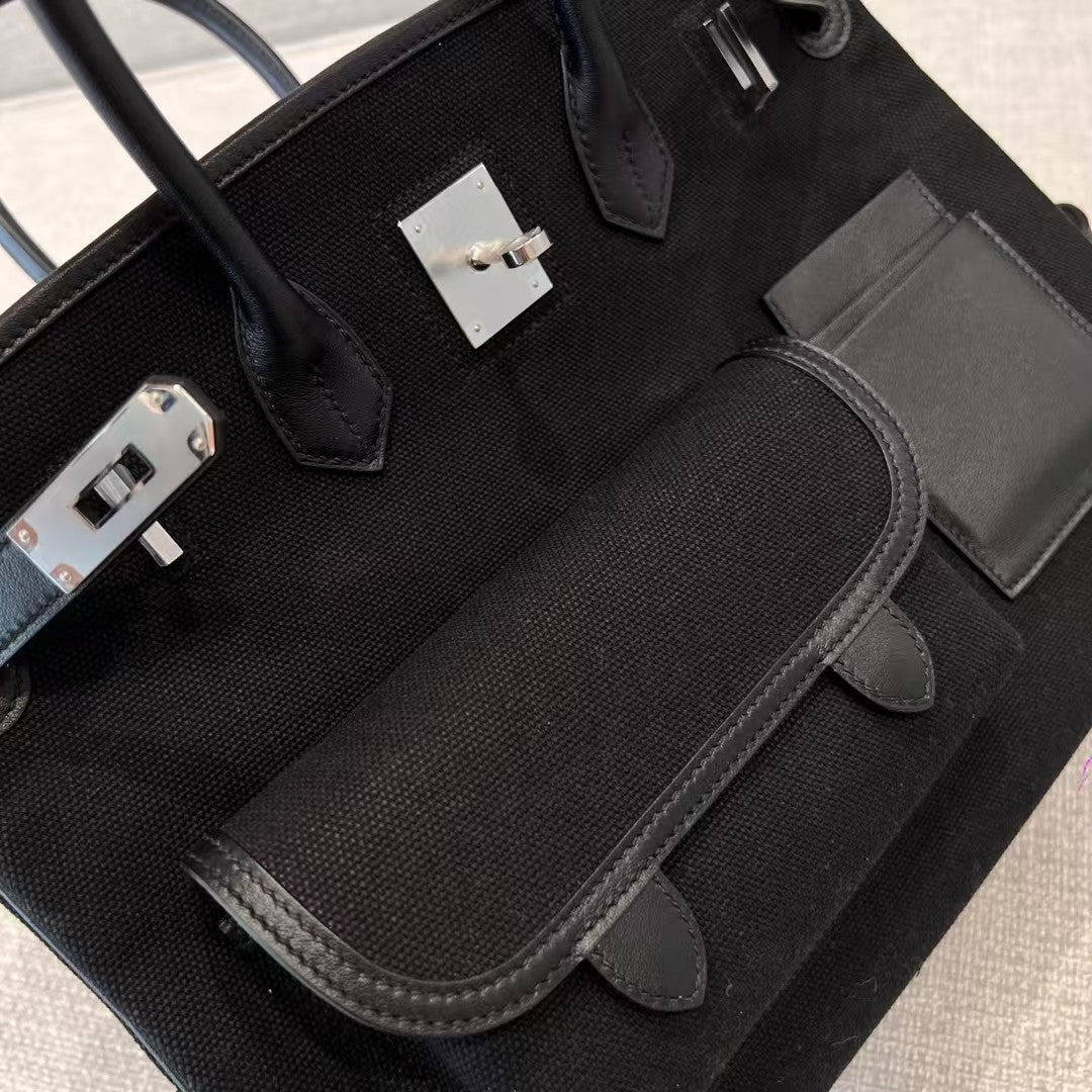 HM Birkin Cargo 35cm Black Sesame Swift and Canvas Silver Hardware