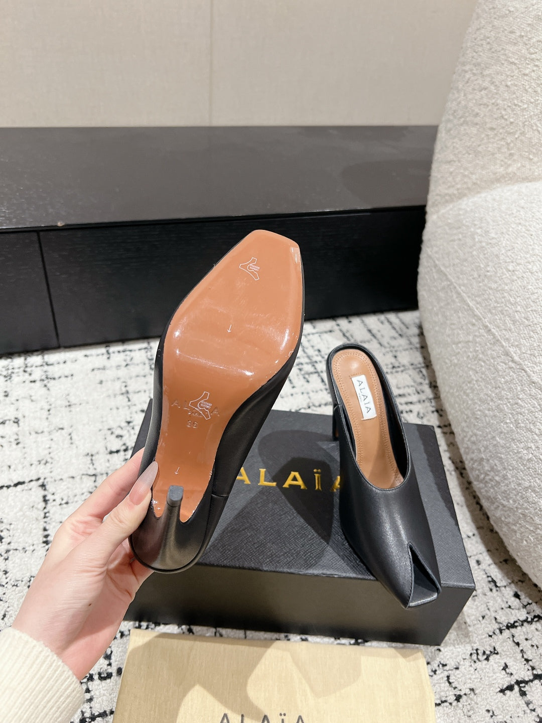 Alaia 25 Spike High Heel Mules Black Lampskin 293181