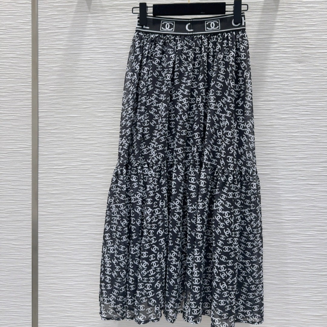 CC 2025 Double C Printed Skirt Black White Polyester Fiber