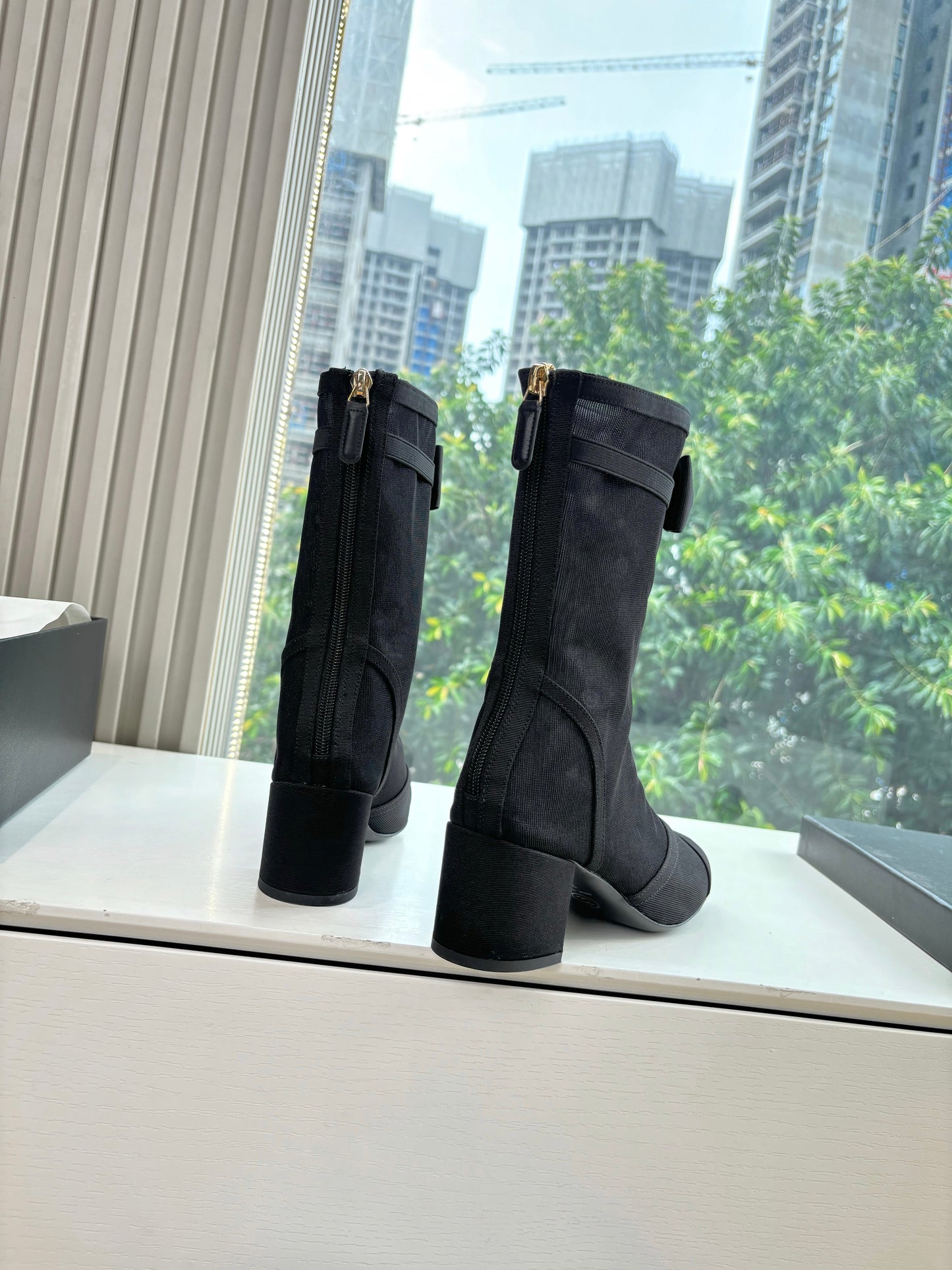 CC 25 Short Boot Black Mesh Calfskin Black Bow 430322