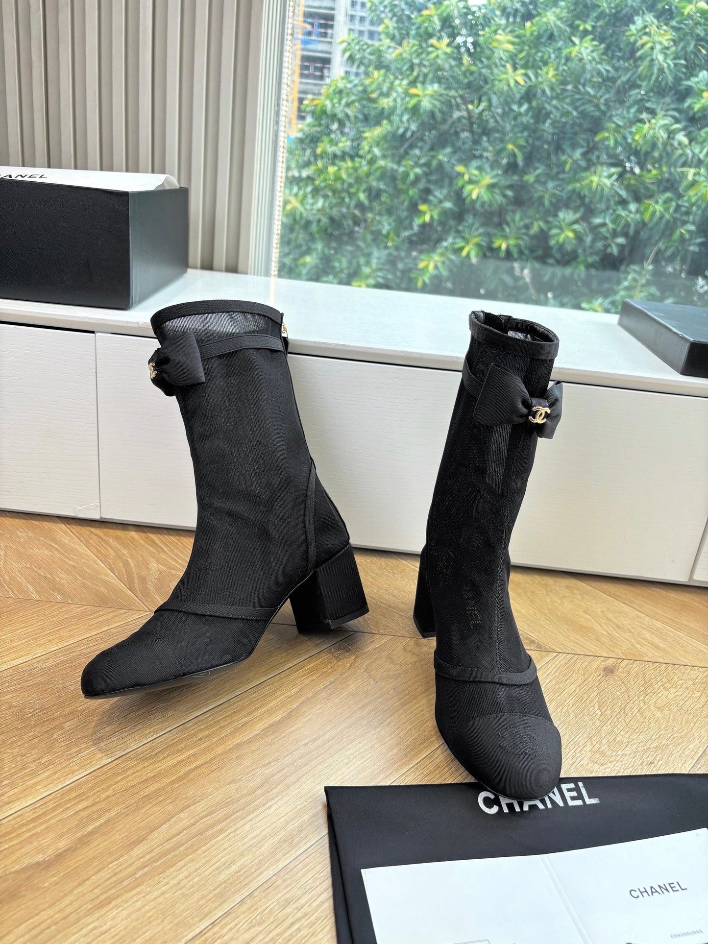 CC 25 Short Boot Black Mesh Calfskin Black Bow 430322