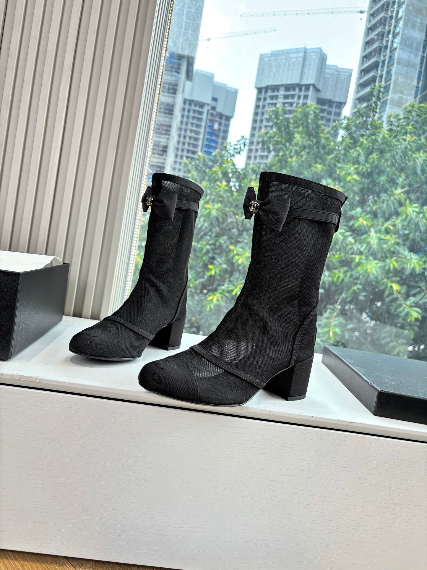 CC 25 Short Boot Black Mesh Calfskin Black Bow 430322