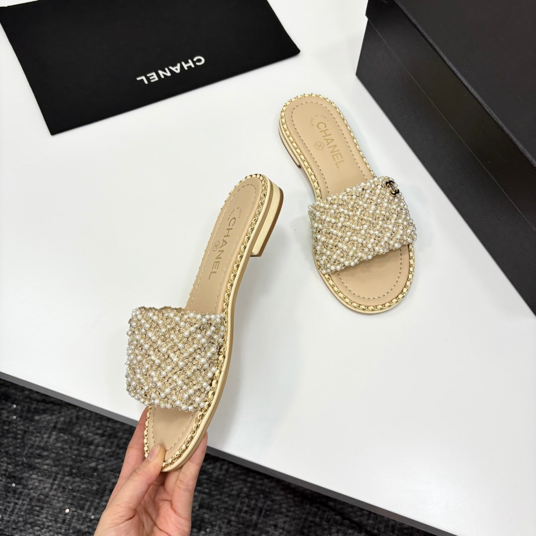 CC 25 Mules Flat Pearl Cord and Lambskin 270770