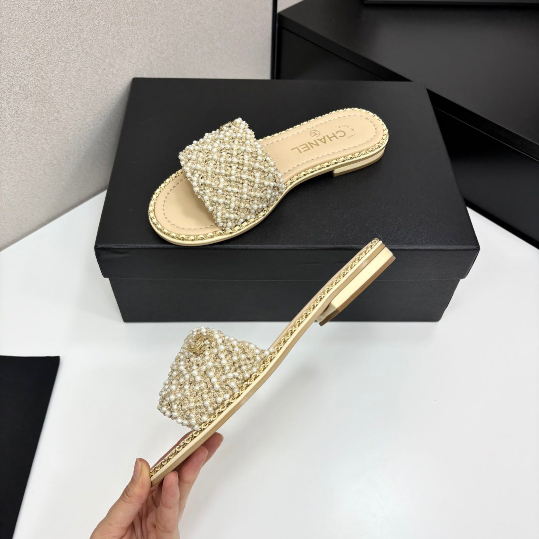 CC 25 Mules Flat Pearl Cord and Lambskin 270770