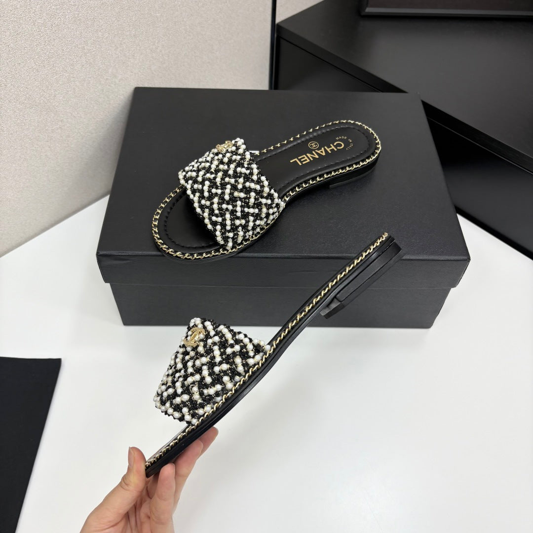 CC 25 Mules Flat Pearl Cord and Lambskin 270770