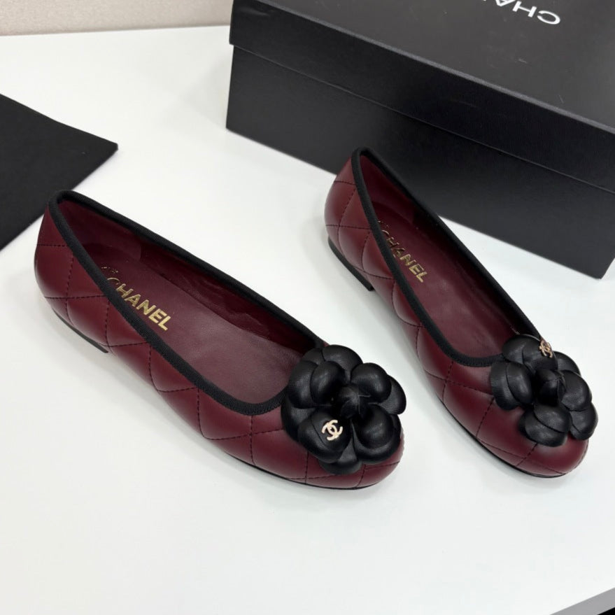 CC 25 Ballet Flat Flower Burgundy Quilted Calfskin