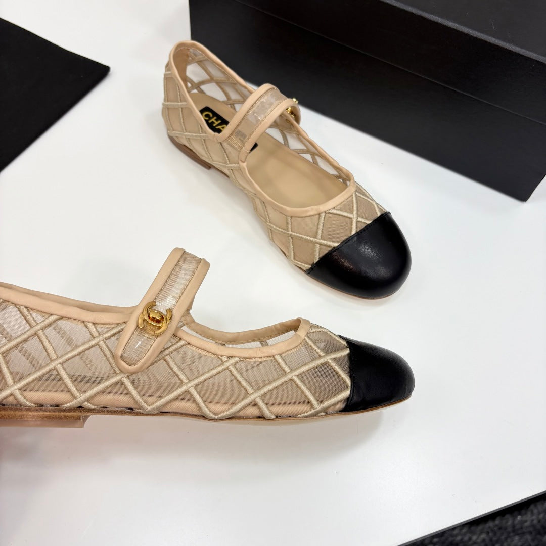 CC 25 Mary Jane Beige Mesh Black Calfskin