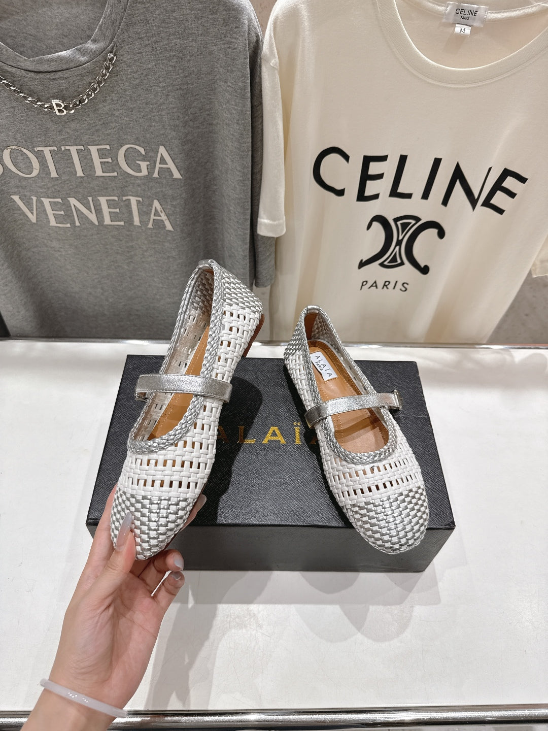 ALAIA MARY JANE FLATS white mix gray woven calfskin pattent