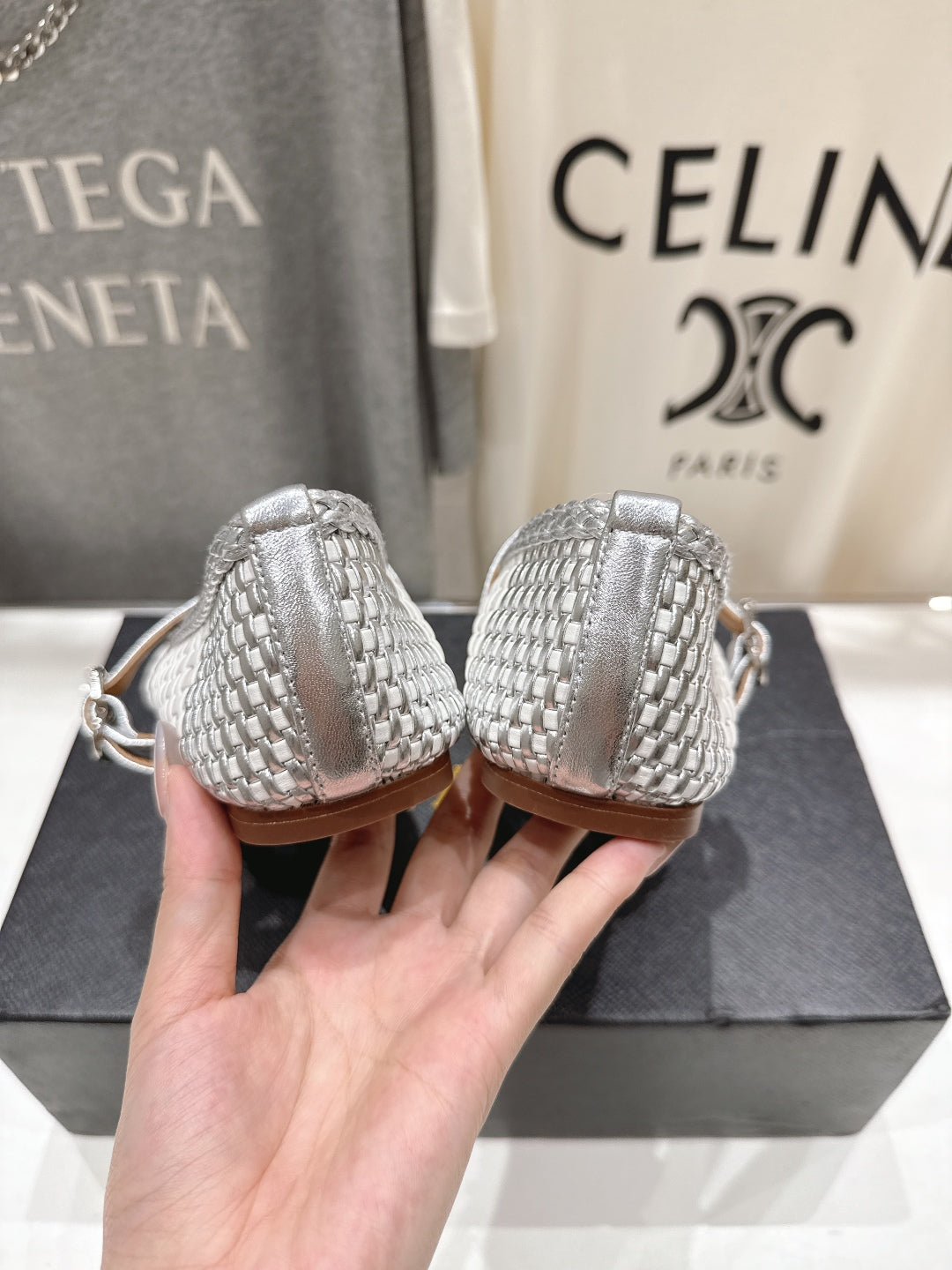 ALAIA MARY JANE FLATS white mix gray woven calfskin pattent
