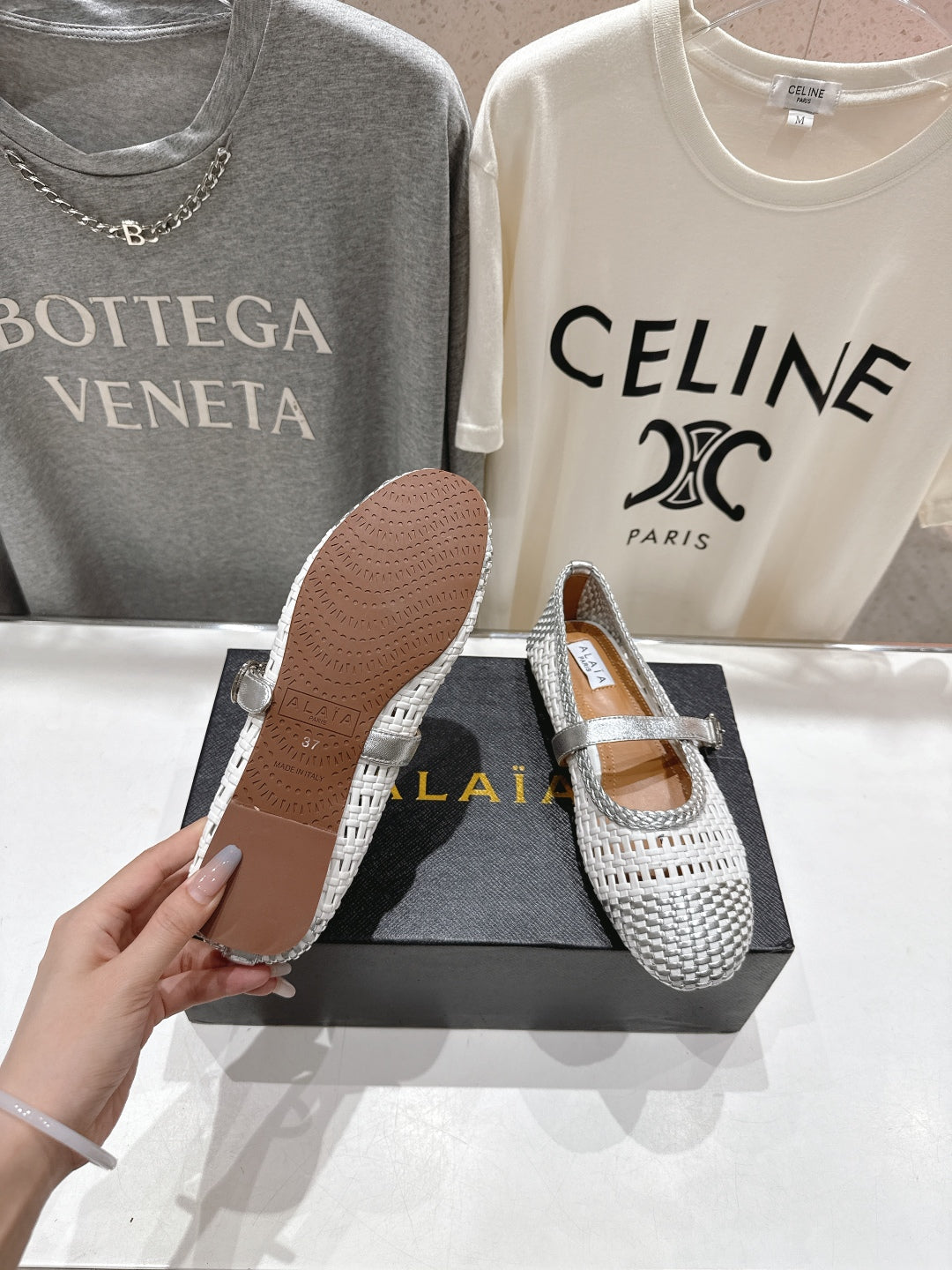 ALAIA MARY JANE FLATS white mix gray woven calfskin pattent