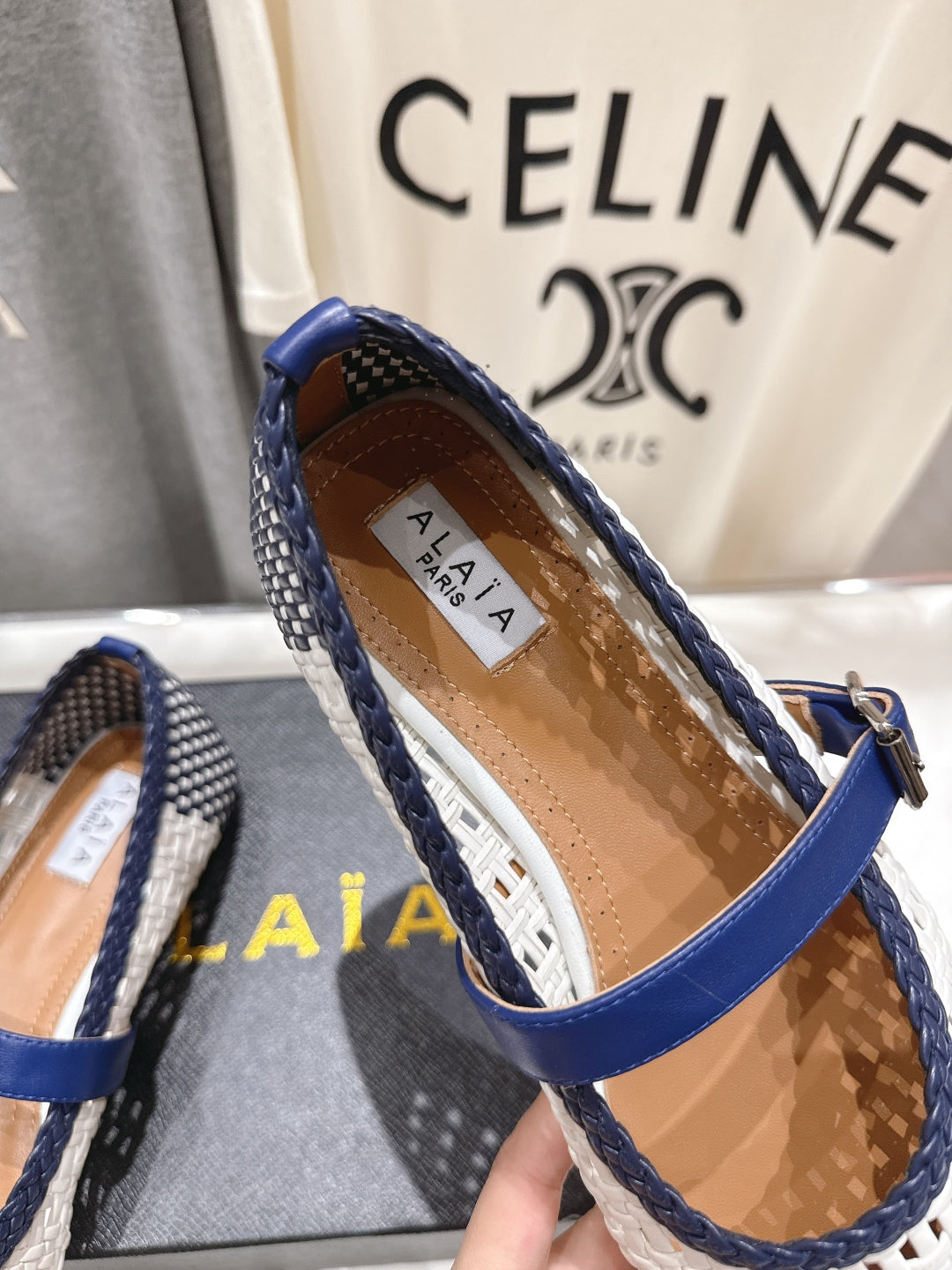 ALAIA MARY JANE FLATS white mix navy blue woven calfskin pattent