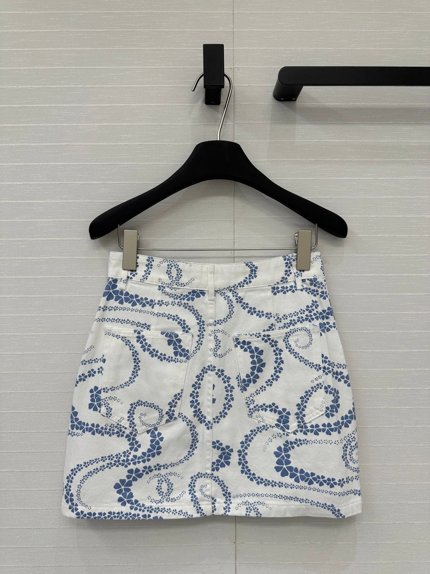 CC 25 Printed Denim Single-breasted Short Skirt Blue White Cotton