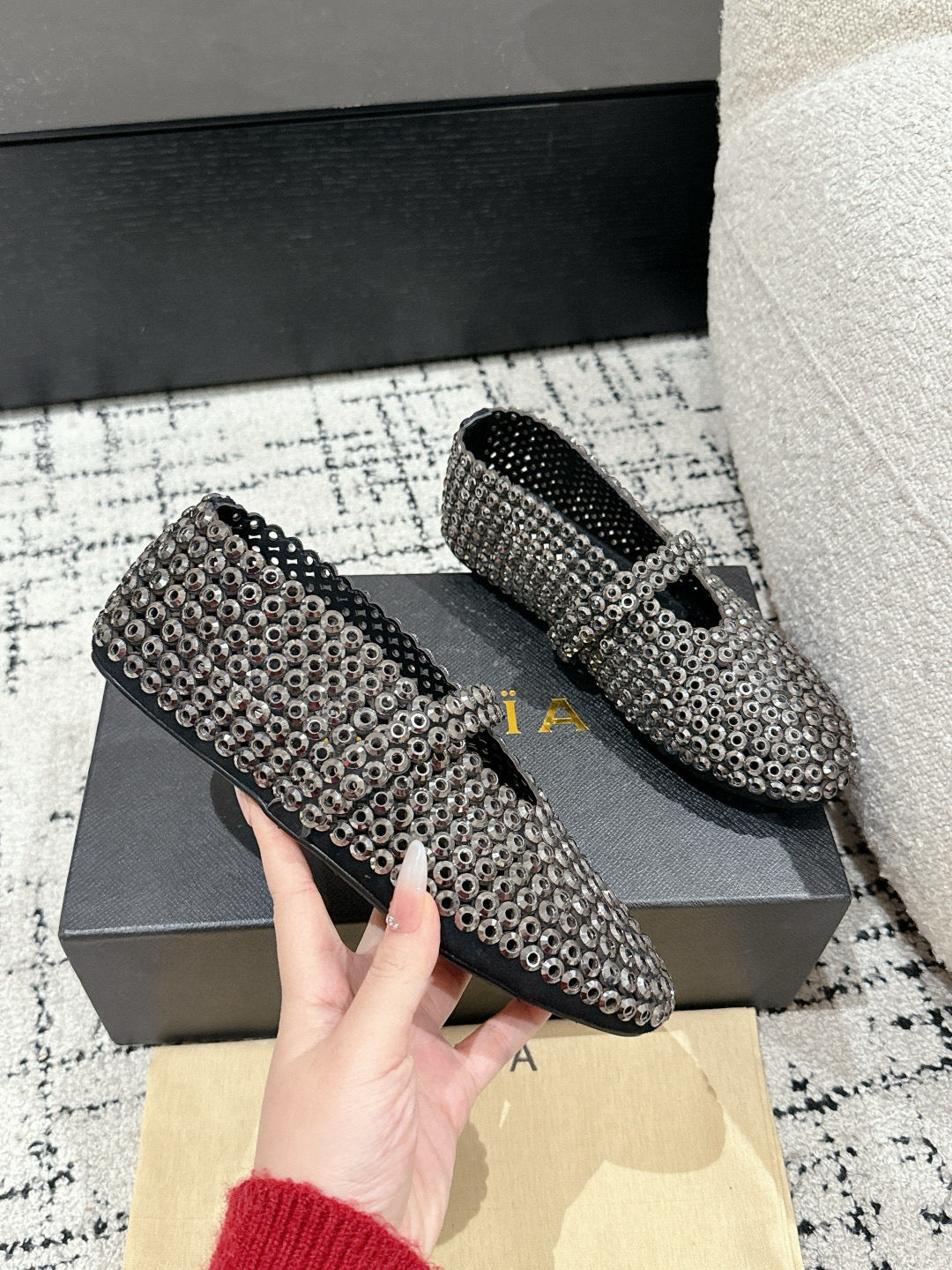 Alaia 25 Embellished Mary Jane Flats Silver Suede 293180