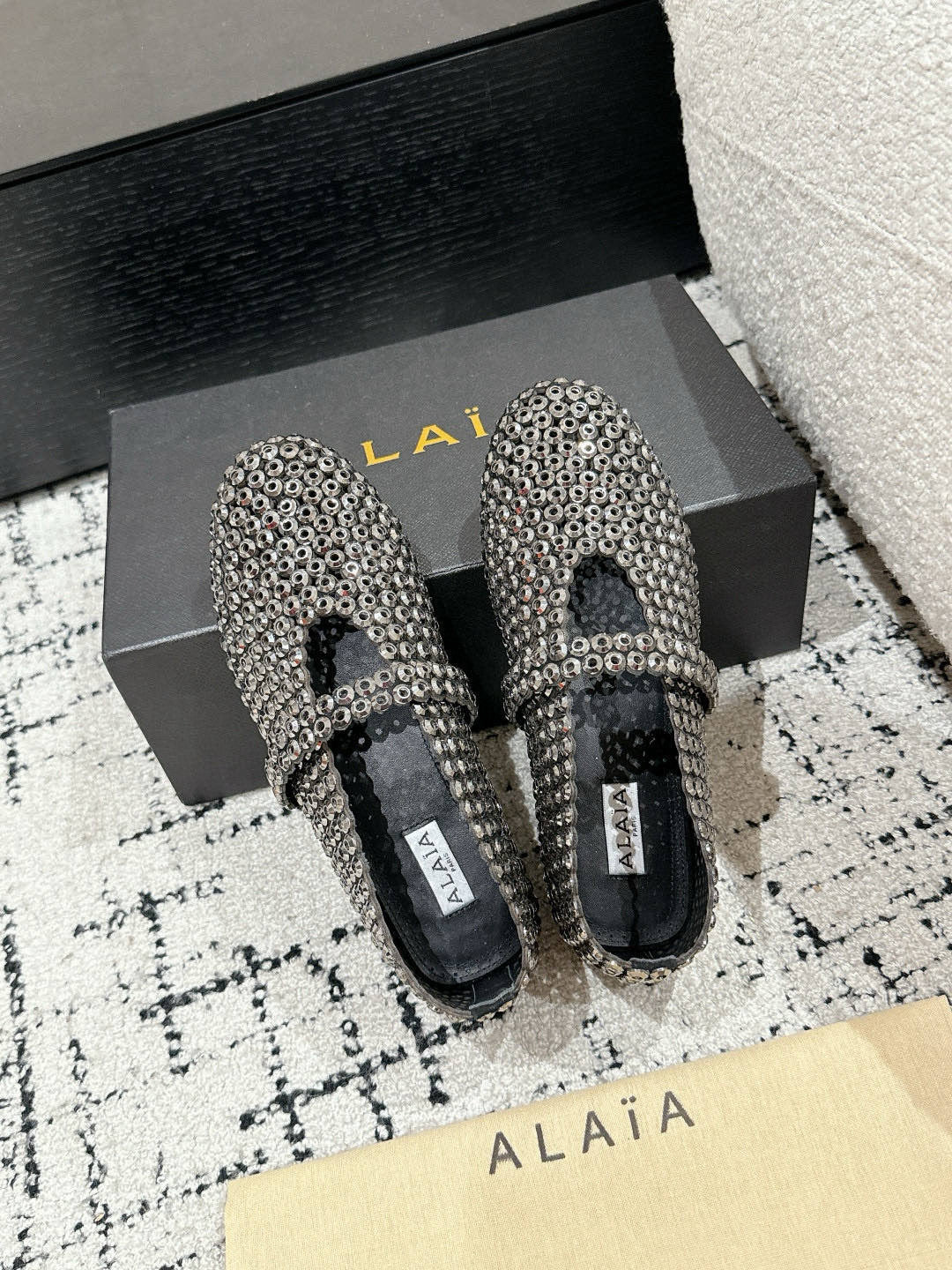 Alaia 25 Embellished Mary Jane Flats Silver Suede 293180