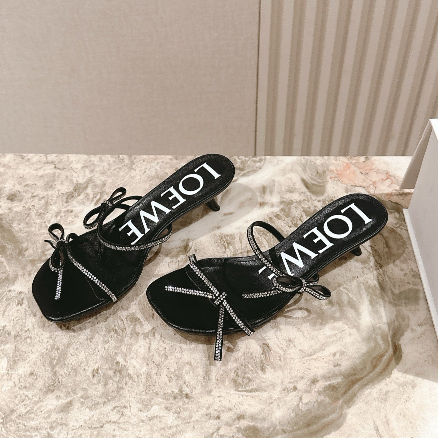 Loewe 25 Petal Bow Sandals Black Cowhide PVC