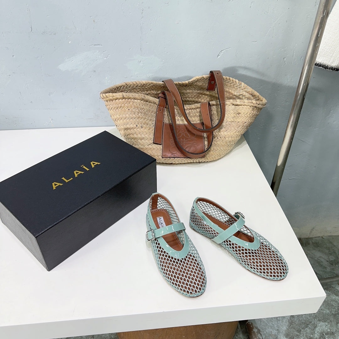 Alaia 25 Laminated Fishnet Ballet Flats Lagoon Green Lambskin 677172