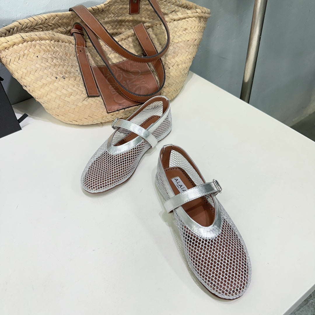 Alaia 25 Laminated Fishnet Ballet Flats Silver Lambskin 677174