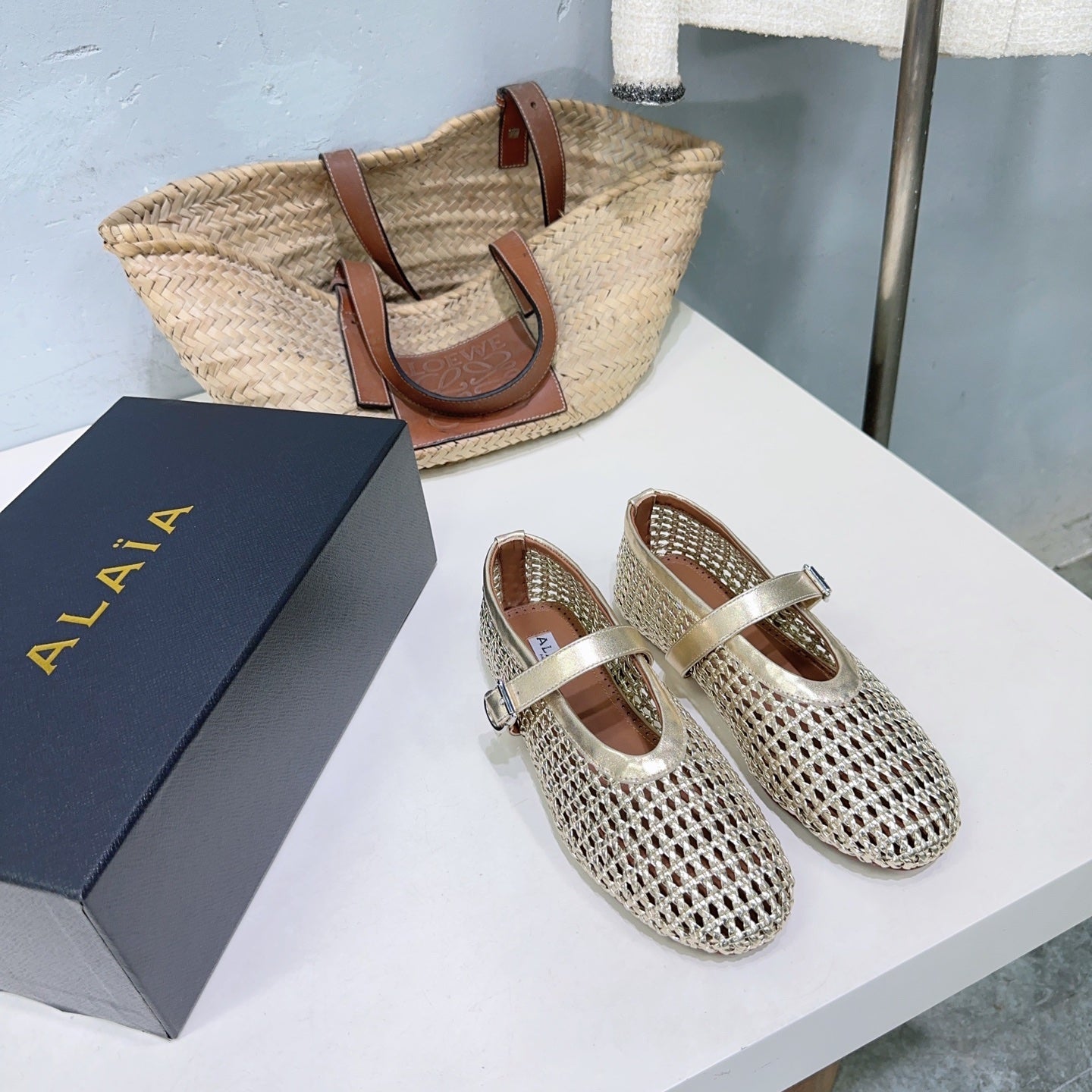 Alaia 25 Marry Janes Ballet Flats Gold Wool Sheepskin 300456