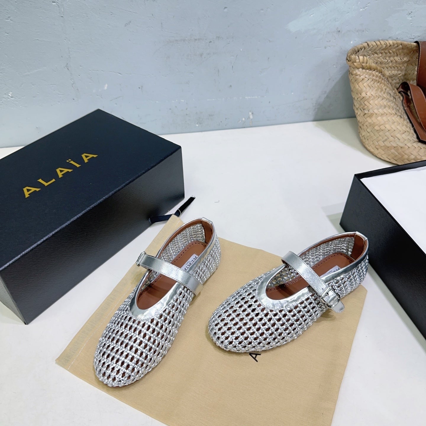 Alaia 25 Marry Janes Ballet Flats Silver Wool Sheepskin 300457